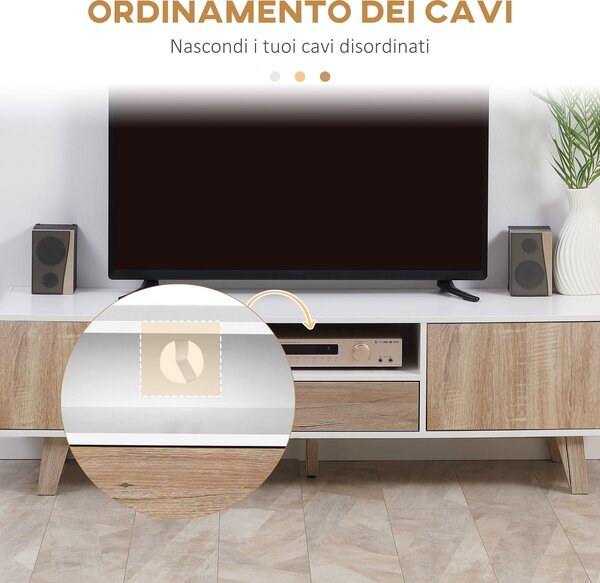 HOMCOM Mobile Porta TV Con Ante e Cassetto, Mobiletto da Salotto per TV fino a 72 pollici in MDF, 160x40x45cm Bianco e Legno | Aosom Italy