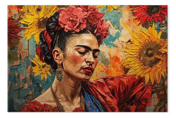 Quadro contemporaneo Frida Kahlo - donna su uno sfondo di girasoli nello stile di van Gog9
