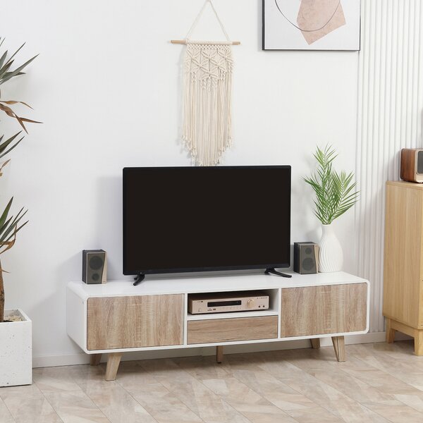 HOMCOM Mobile Porta TV Con Ante e Cassetto, Mobiletto da Salotto per TV fino a 72 pollici in MDF, 160x40x45cm Bianco e Legno | Aosom Italy