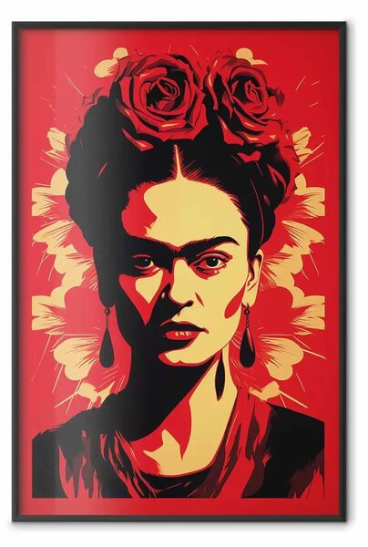 Poster: Ritratto di Frida - poster della pittrice su sfondo rosso