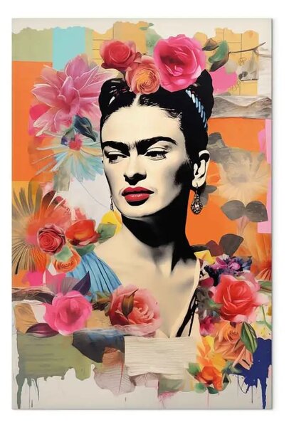 Quadro Ritratto della pittrice - Frida Kahlo su sfondo floreale pastello