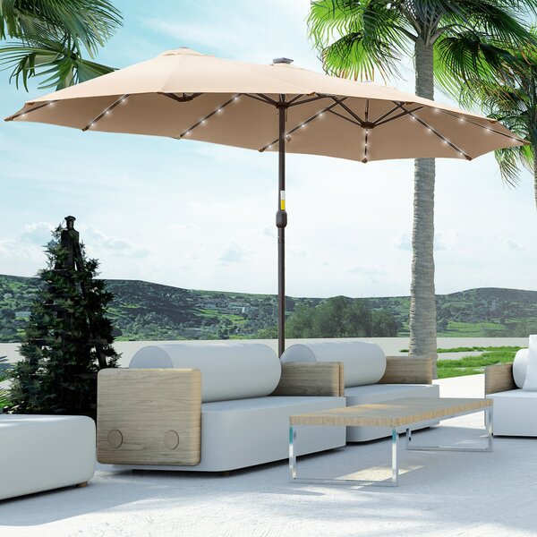 Outsunny Ombrellone da Giardino 4.5m con 48 Luci LED a Energia Solare, Ombrellone Doppio Parasole con Manovella, Cachi|Aosom