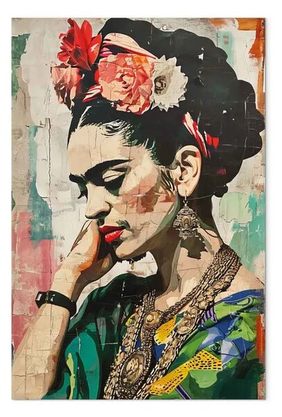 Quadro contemporaneo Frida Kahlo - ritratto colorato di una donna su un muro crepato