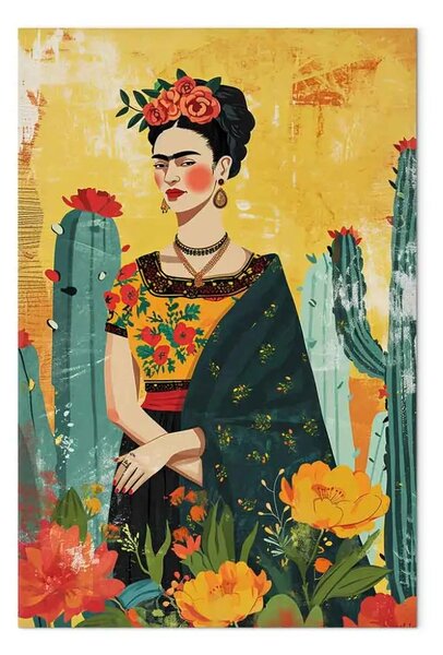 Quadro su tela Frida Kahlo - rappresentazione artistica dell'artista con cactus
