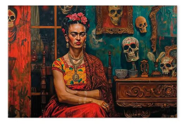 Quadro moderno Frida Kahlo - composizione con la pittrice in una stanza con teschi