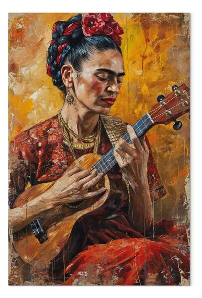 Quadro moderno Frida Kahlo - ritratto di donna con l'ukulele nei toni del marrone