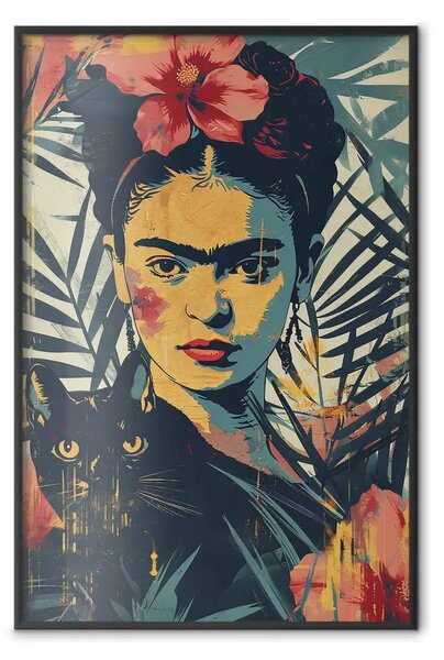 Poster: Frida tropicale - ritratto della pittrice con in braccio un gatto nero