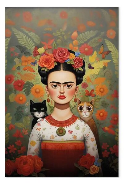 Quadro Cartoon Frida - ritratto a colori dell'artista con due gatti