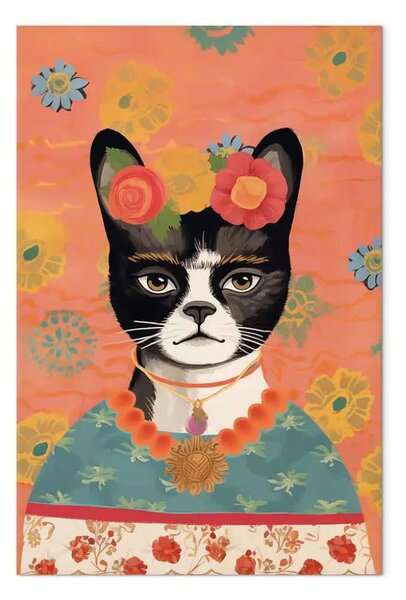 Quadro moderno Ritratto di animale - gatto con fiori ispirato all'immagine di Frida