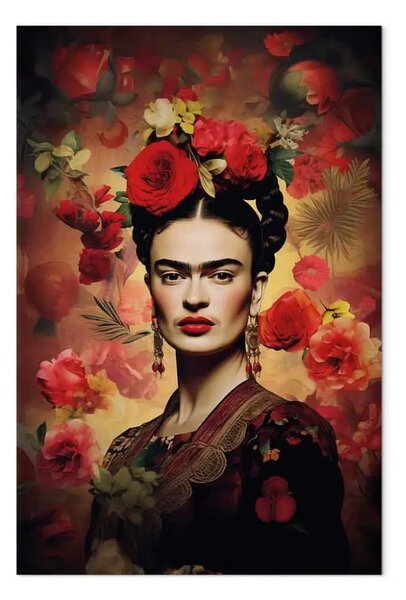 Quadro moderno Frida Kahlo - ritratto con rose e foglie su uno sfondo marrone scuro