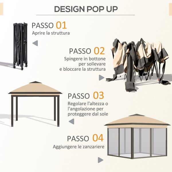 Outsunny Gazebo Pieghevole con Zanzariera e Doppio Tettuccio, 330x330x288cm, Beige|Aosom