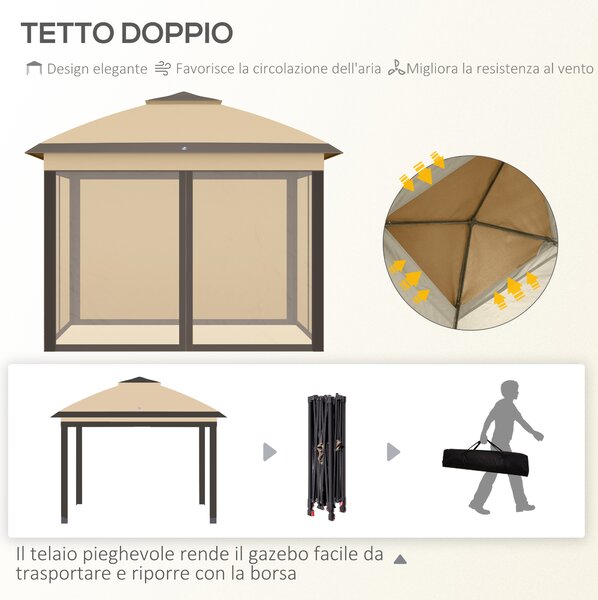 Outsunny Gazebo Pieghevole con Zanzariera e Doppio Tettuccio, 330x330x288cm, Beige|Aosom