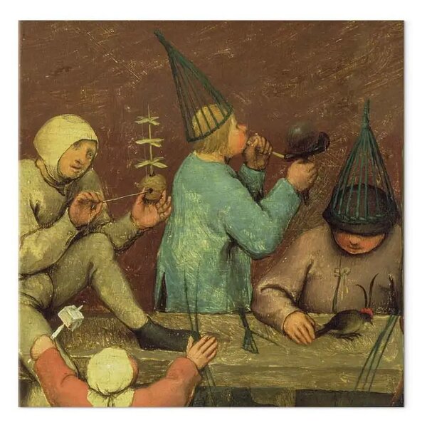 Quadro famoso Pieter Bruegel the Elder - Giochi per bambini (Kinderspiele): dettaglio della sezione di sinistra che mostra i bambini che fanno giocattoli e soffiano bolle