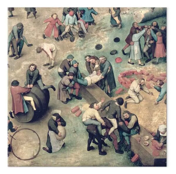 Riproduzione Pieter Bruegel the Elder - Giochi per bambini (Kinderspiele): dettaglio dell'angolo in basso a destra raffigurante bambini che giocano con mattoni, cerchi e un barile