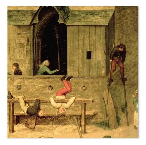Quadro famoso Pieter Bruegel the Elder - Giochi per bambini (Kinderspiele): dettaglio di un ragazzo sui trampoli e bambini che giocano nei ceppi
