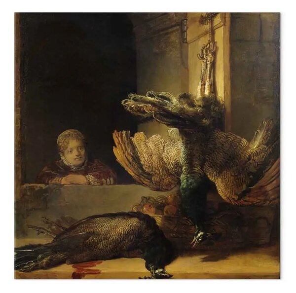 Riproduzione quadro Rembrandt - Natura morta con due pavoni e una ragazza