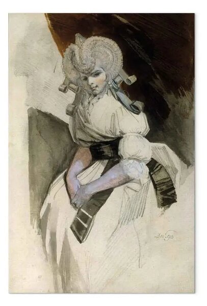 Riproduzione quadro Johann Heinrich Füssli - La signora Fuseli (?) con grandi fasce per capelli e guanti rosa davanti a una tenda marrone