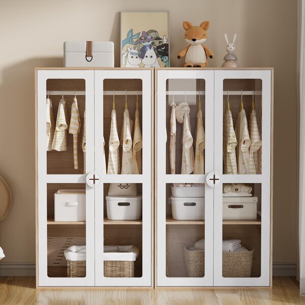 Armadio per bambini Sweiko, armadio a due ante, armadio in vetro, con barra appendiabiti, combinazione di armadi a 2 pezzi, colore bianco + legno naturale, pannelli laccati + truciolato, 160×50×150cm