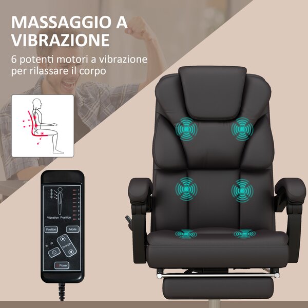 Vinsetto Poltrona da Ufficio Massaggiante con Altezza Regolabile, Schienale Inclinabile e Poggiapiedi, in Similpelle, Marrone | Aosom