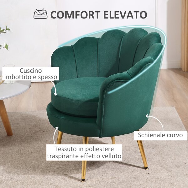 HOMCOM Poltroncina Vintage in Velluto con Gambe in Metallo Dorato, Poltrona a Conchiglia per Soggiorno, Reception o Ufficio, 76x67x74cm, Verde|Aosom