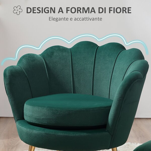 HOMCOM Poltroncina Vintage in Velluto con Gambe in Metallo Dorato, Poltrona a Conchiglia per Soggiorno, Reception o Ufficio, 76x67x74cm, Verde|Aosom