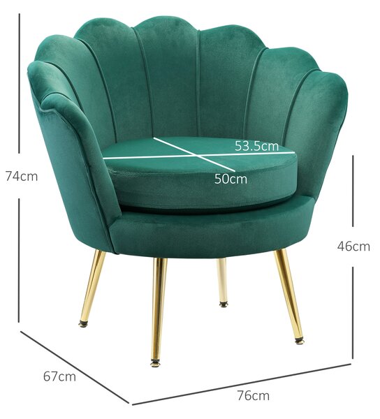 HOMCOM Poltroncina Vintage in Velluto con Gambe in Metallo Dorato, Poltrona a Conchiglia per Soggiorno, Reception o Ufficio, 76x67x74cm, Verde|Aosom