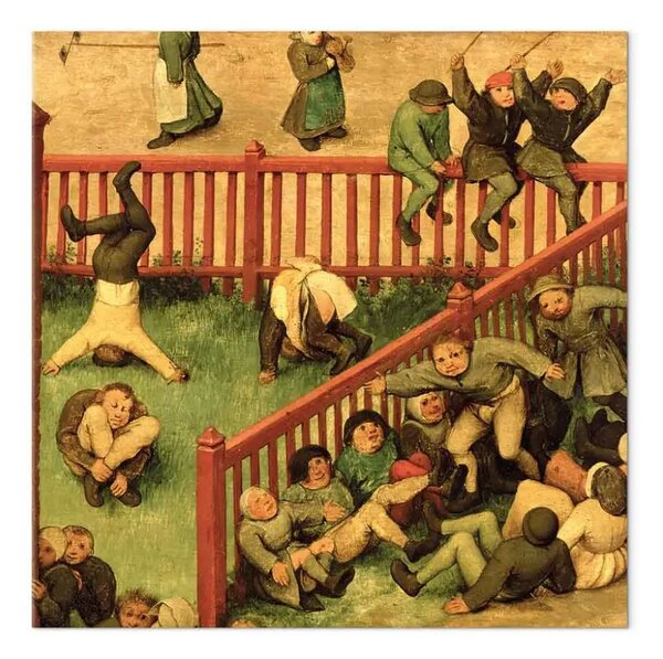 Riproduzione Pieter Bruegel the Elder - Giochi per bambini (Kinderspiele): dettaglio della sezione di sinistra che mostra i bambini che corrono il guanto di sfida, fanno ginnastica e si tengono in equilibrio su una recinzione