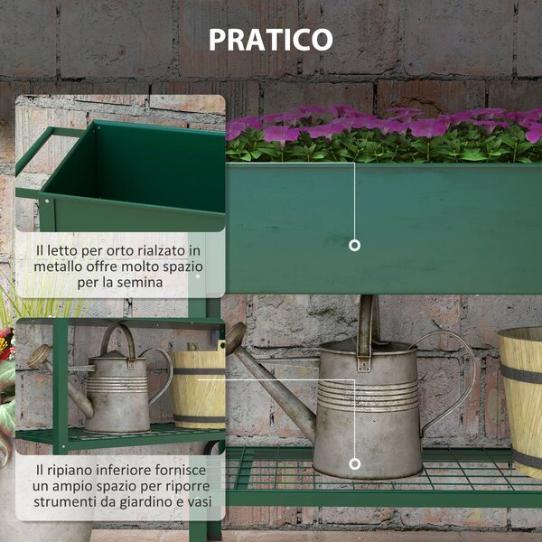 Outsunny Fioriera da Esterno con Mensola Inferiore Portautensili, in Metallo, 109x44x80 cm, Verde|Aosom