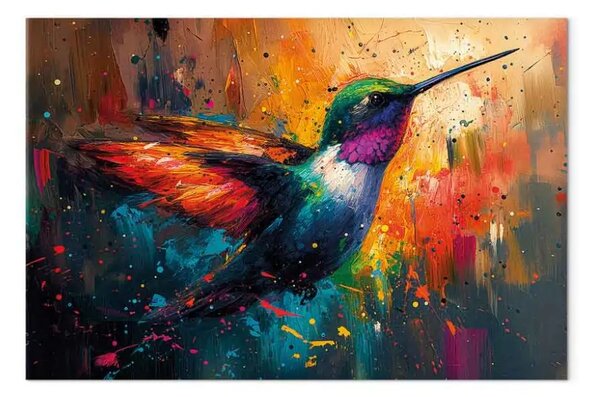 Quadro contemporaneo Uccello in volo - visione artistica di un colibrì su sfondo pittorico
