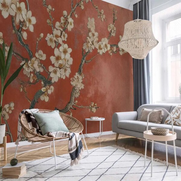 Carta da parati Fiori su ramoscelli - composizione con albero su sfondo in terracotta