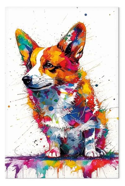 Quadro contemporaneo Cane colorato - Corgi felice tra i colori su sfondo bianco