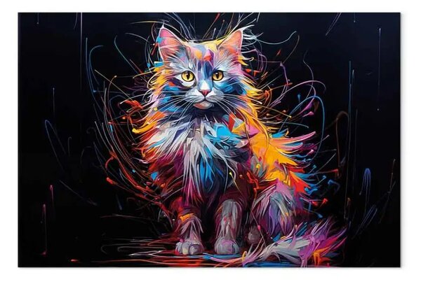 Quadro su tela Gattino in posa - simpatico animale colorato su sfondo nero