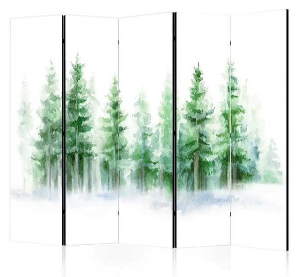Paravento Bosco di abeti II - alberi dipinti ad acquerello con colori verdi