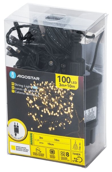 Aigostar - Catena luminosa natalizia per esterni 100 LED/8 funzioni 13 m IP44 bianco caldo