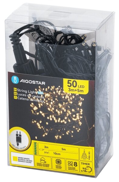 Aigostar - Catena natalizia LED da esterno 50xLED/8 funzioni 8m IP44 bianco caldo