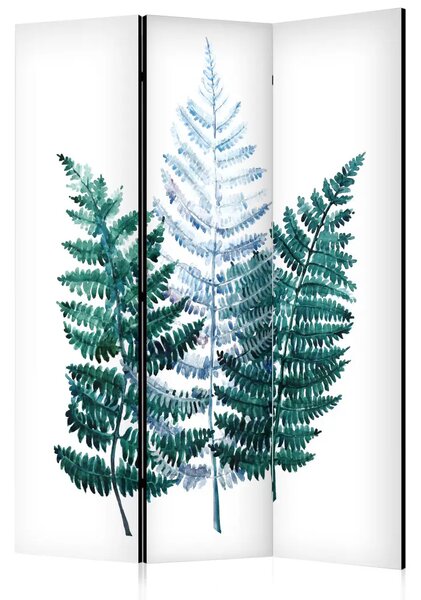 Paravento design Natura - foglie di felce turchesi e blu su sfondo bianco