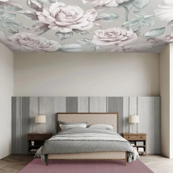 Carta da parati moderna Grandi boccioli di rosa - fiori in delicate tonalità grigio-rosa