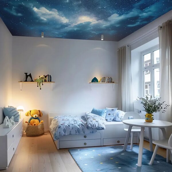 Carta da parati moderna Cielo notturno - luna su sfondo blu scuro con stelle e nuvole