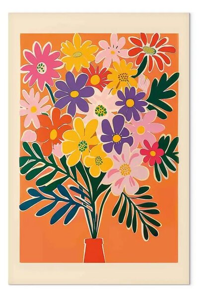 Quadro contemporaneo Bouquet di fiori - composizione minimalista su sfondo arancione