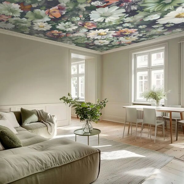 Carta da parati moderna Piante ad acquerello - fiori e foglie in tenui tonalità di verde