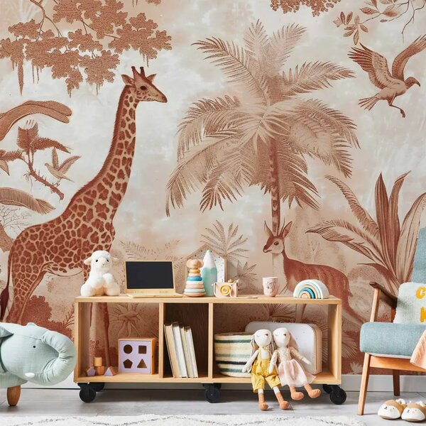 Carta da parati Foresta e animali - composizione con giungla in terracotta