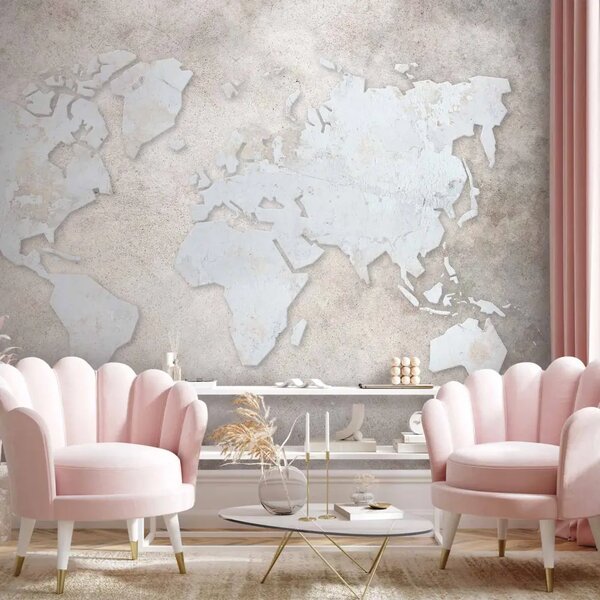 Carta da parati moderna Terra primordiale - mappa del mondo con continenti bianchi su sfondo grigio