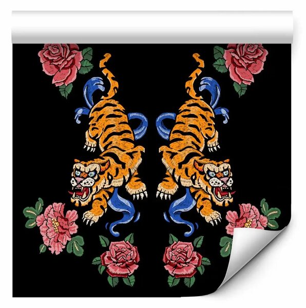 Tappezzerie Oriental Pattern - Zigzag Tigers and Red Roses on a Dark Background