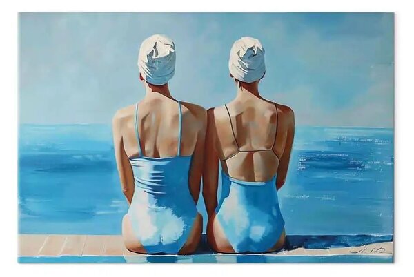Quadro Armonia blu - due donne in costume da bagno in riva al mare