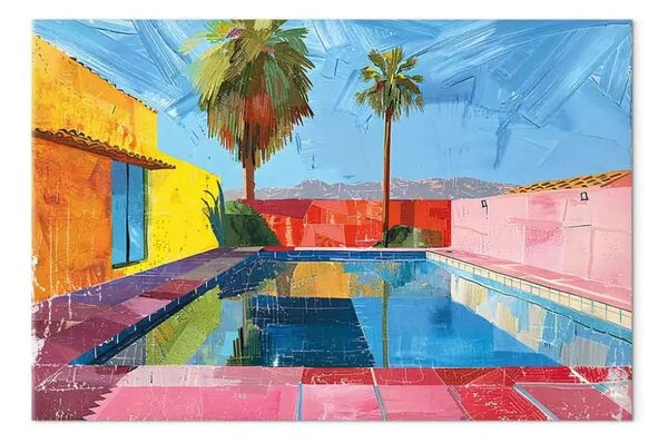 Quadro Piscina colorata - palme tropicali e pareti colorate vicino all'acqua