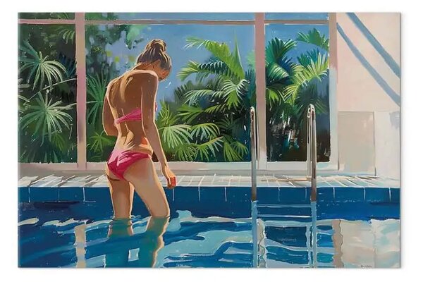 Quadro su tela Relax ai tropici - una donna in costume da bagno rosa a bordo piscina