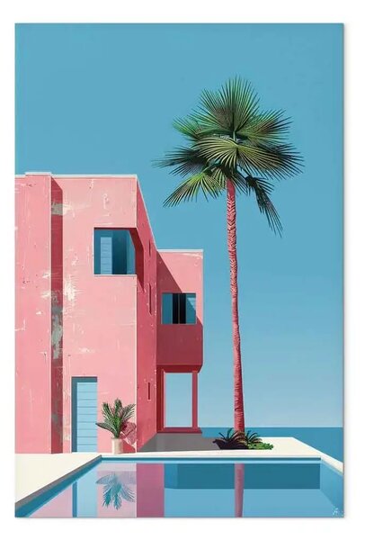 Quadro su tela Casa per le vacanze - pareti pastello e piante esotiche sull'acqua