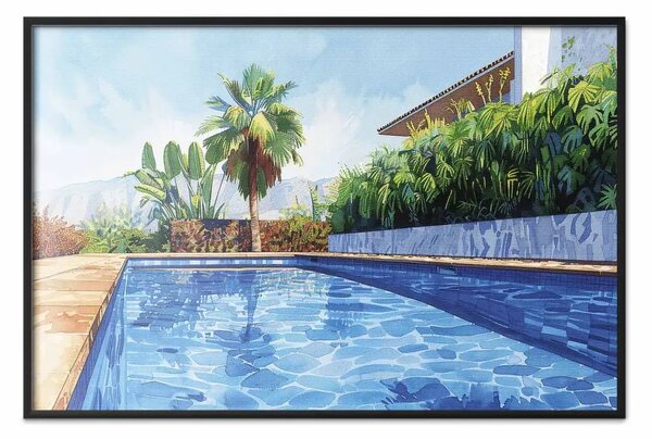 Poster: Tranquillità esotica - piscina circondata da verde e cielo azzurro
