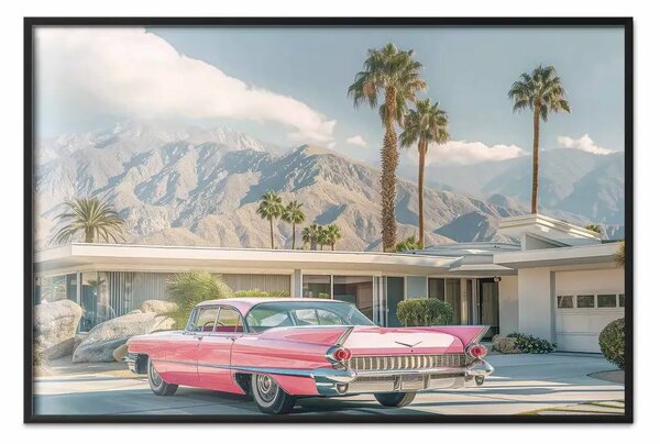 Poster: Cadillac rosa - icona di stile con palme e sfondo di montagna