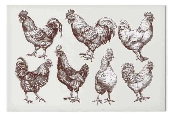 Quadro moderno Una galleria di villaggio - disegni di galline e galli in stile classico
